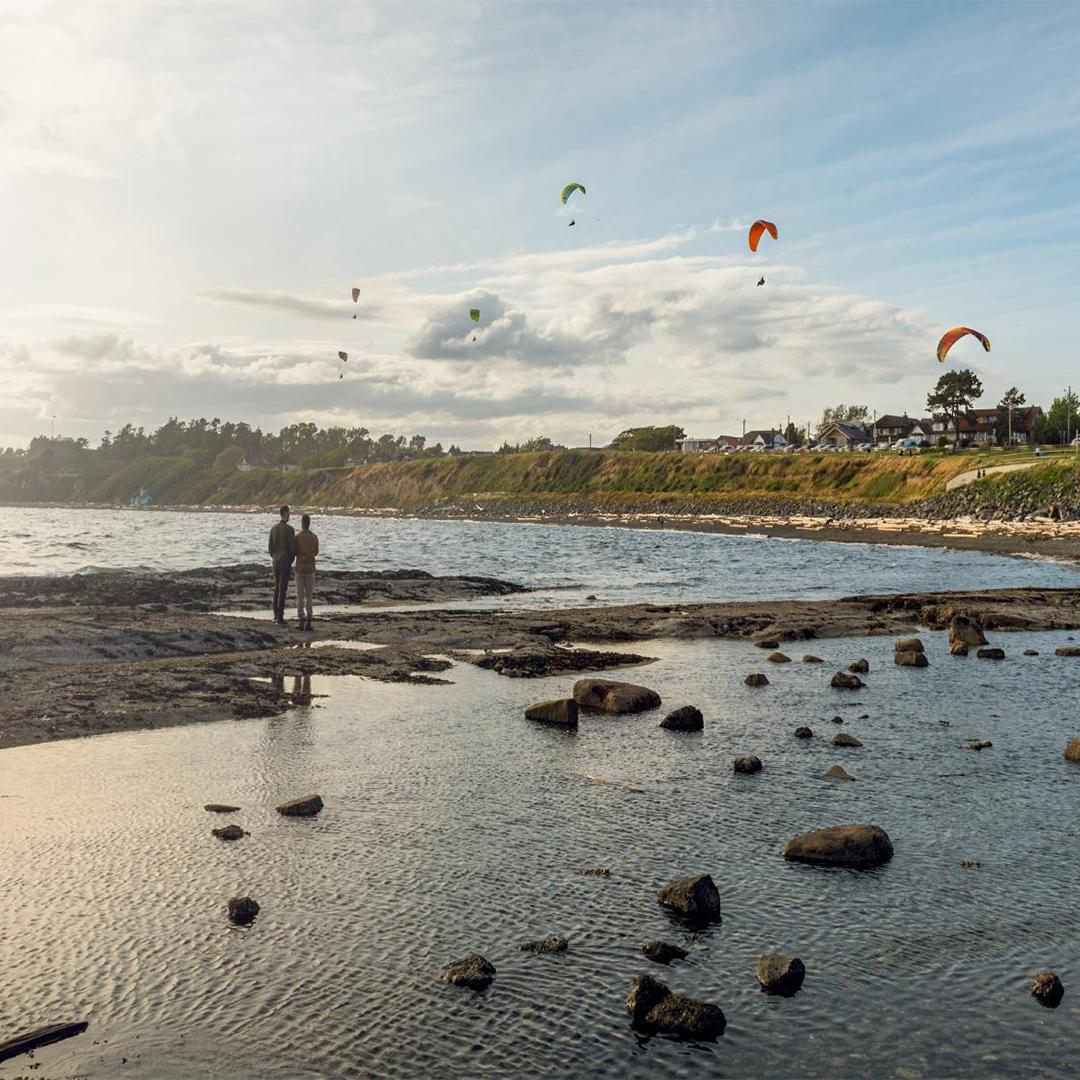 A couple watches paragliders soar along the coastline in Victoria, BC