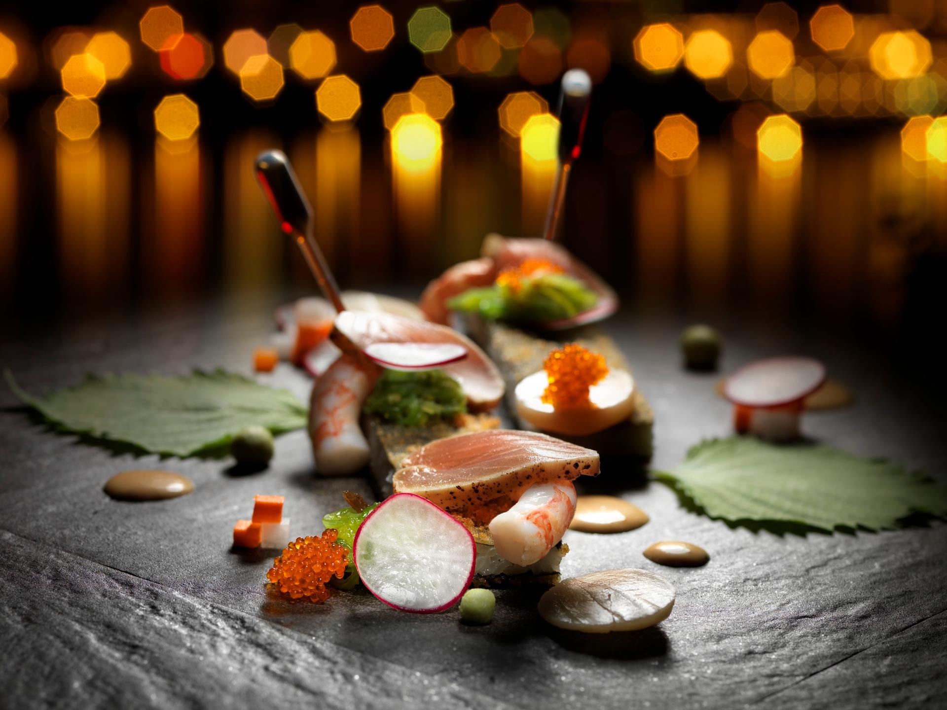 A tray of food at Aura in Victoria, BC