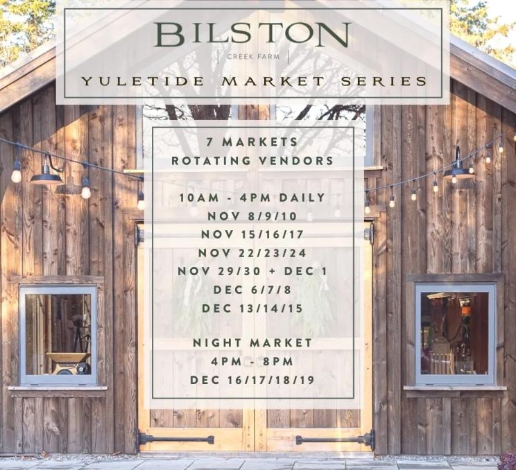 A poster for the Yuletide Market Series at Bilston Creek Farm in Victoria, BC