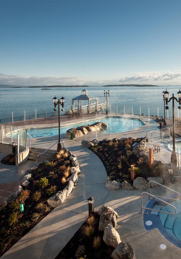 The mineral pools at the Oak Bay Beach Hotel during sunrise in Victoria, BC
