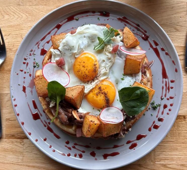 A duck and egg waffler at House of Boateng, a West African inspired restaurant in Victoria, BC