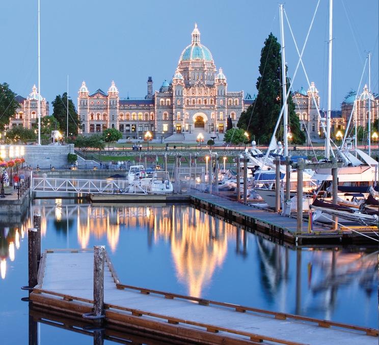 A view across the Inner Harbour at the BC Parliament Buildings in Victoria, BC