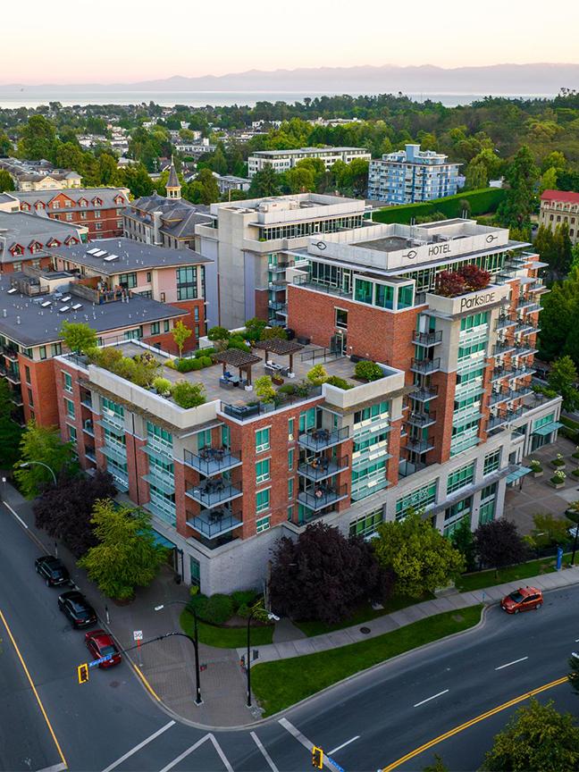 An aerial view of the Parkside Hotel & Spa in Victoria, BC