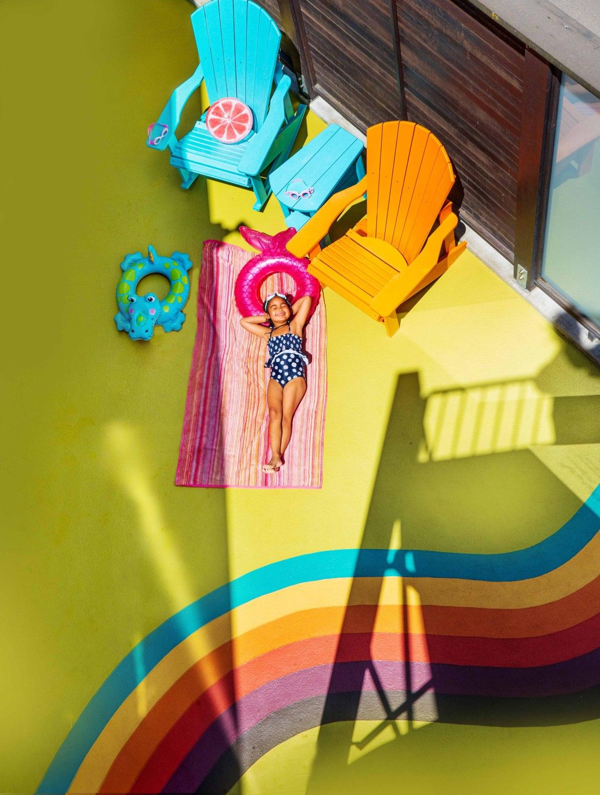 Follow the rainbow road to our pool, waterslide, hot tub and sauna!