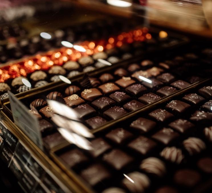 A display of chocolates at Rogers' Chocolates, a chocolatier and National Historic Site of Canada, in Victoria, BC
