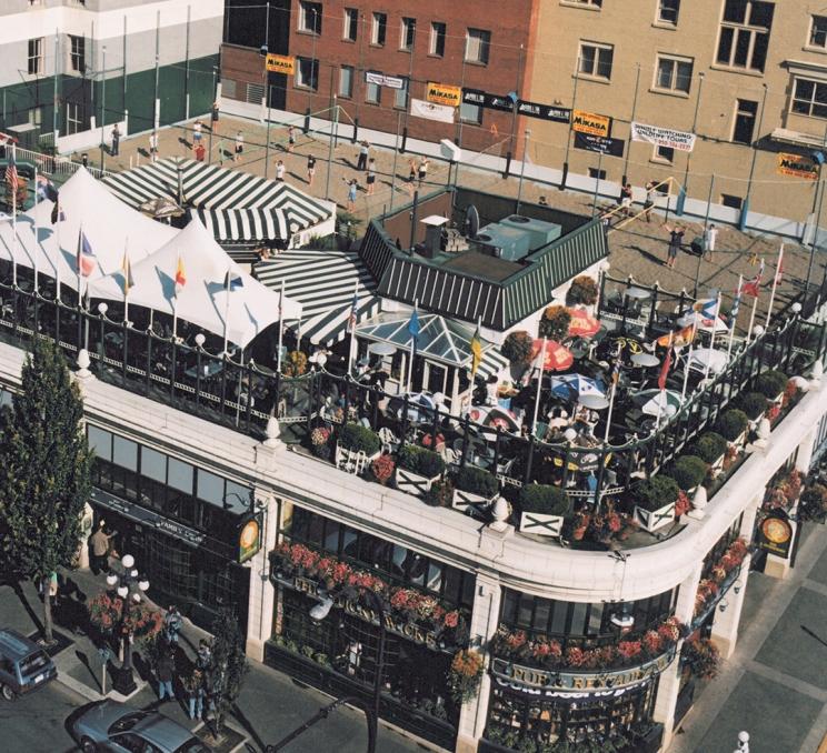 The rooftop of the Sticky Wicket a neighbourhood pub which features rooftop volleyball in Victoria, BC