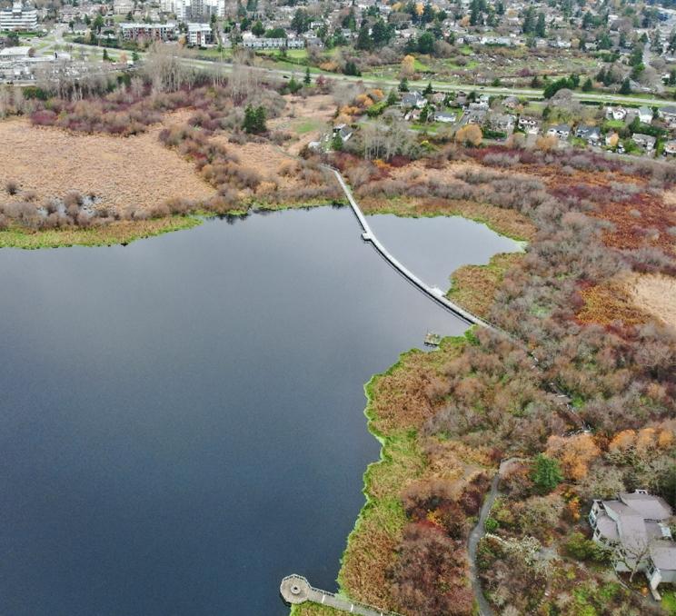 An aerial view of Swan Lake in Swan Lake Christmas Hill Regional Park in Victoria, BC