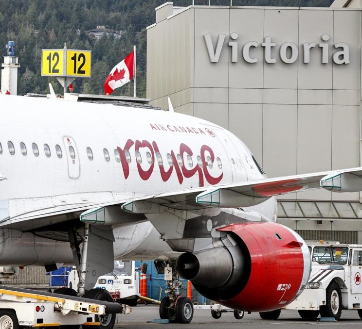 An Air Canada flight arriving at YYJ Victoria International Airport in Victoria, BC
