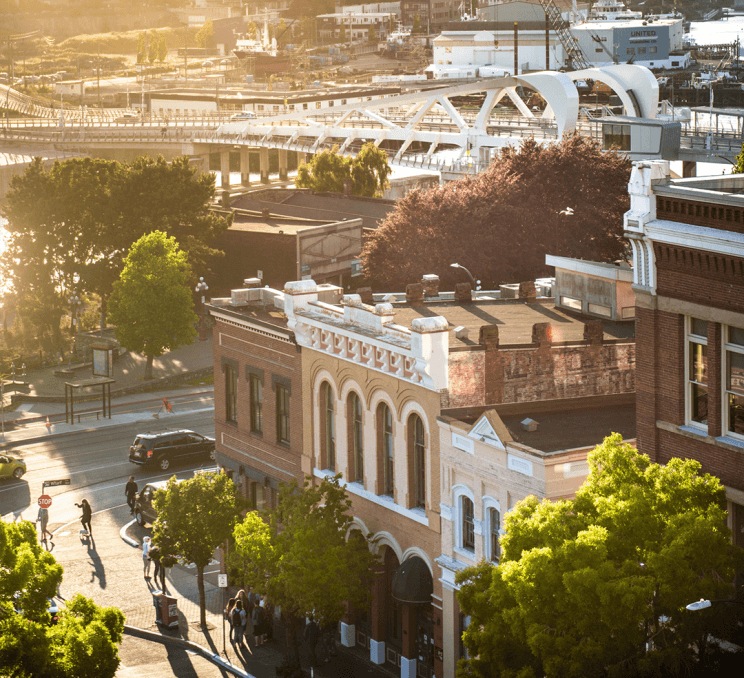 An aerial view of Yates Street in Victoria, BC