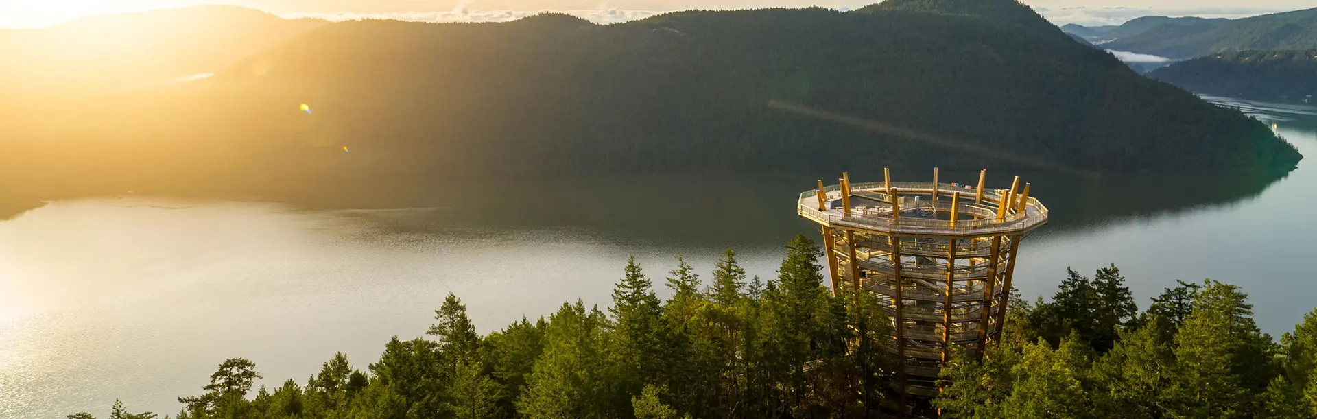 An aerial view at sunrise of the Malahat SkyWalk, an observation tower which overlooks the Saanich Inlet in Greater Victoria, BC